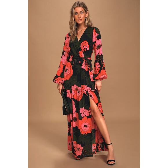 Lulu's Floral Maxi Dress Women's Size S Dreaming On Black Balloon Sleeve Event - Picture 1 of 14